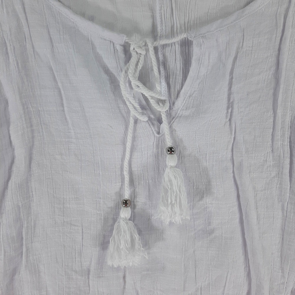 Unique Spectrum White Lace Trim Gauze Peasant Top 1X Boho Tassel Bell Sleeve - Picture 2 of 11